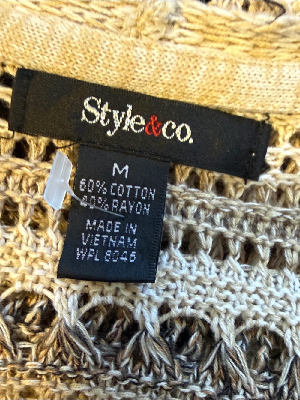 Style & Co Tan Multi Stripe Crochet Open Front Cardigan Medium Womens Pointelle - Picture 3 of 11